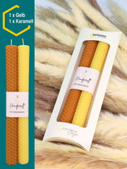 Bienenwachskerzen handgerollt, 2er Set Stabkerzen, 100 % Bienenwachs , Gelb | Karamell