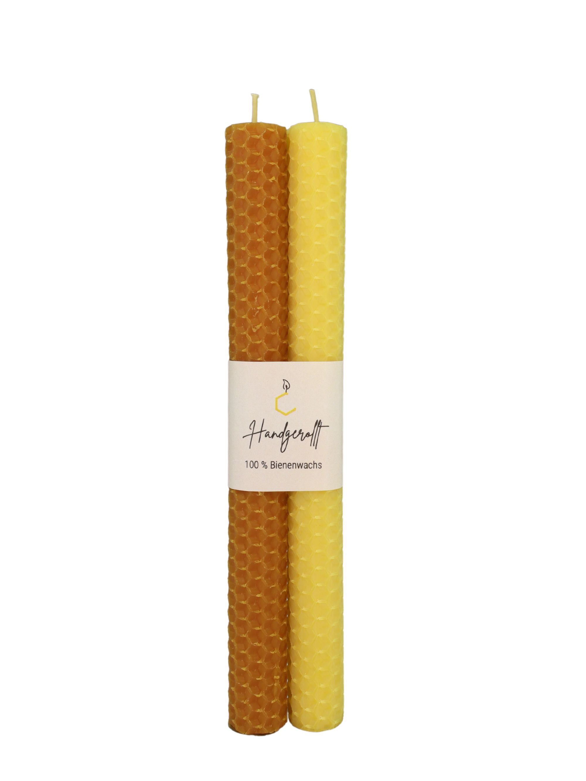Bienenwachskerzen handgerollt, 2er Set farbig sortiert, 100 % Bienenwachs , Gelb | Karamell