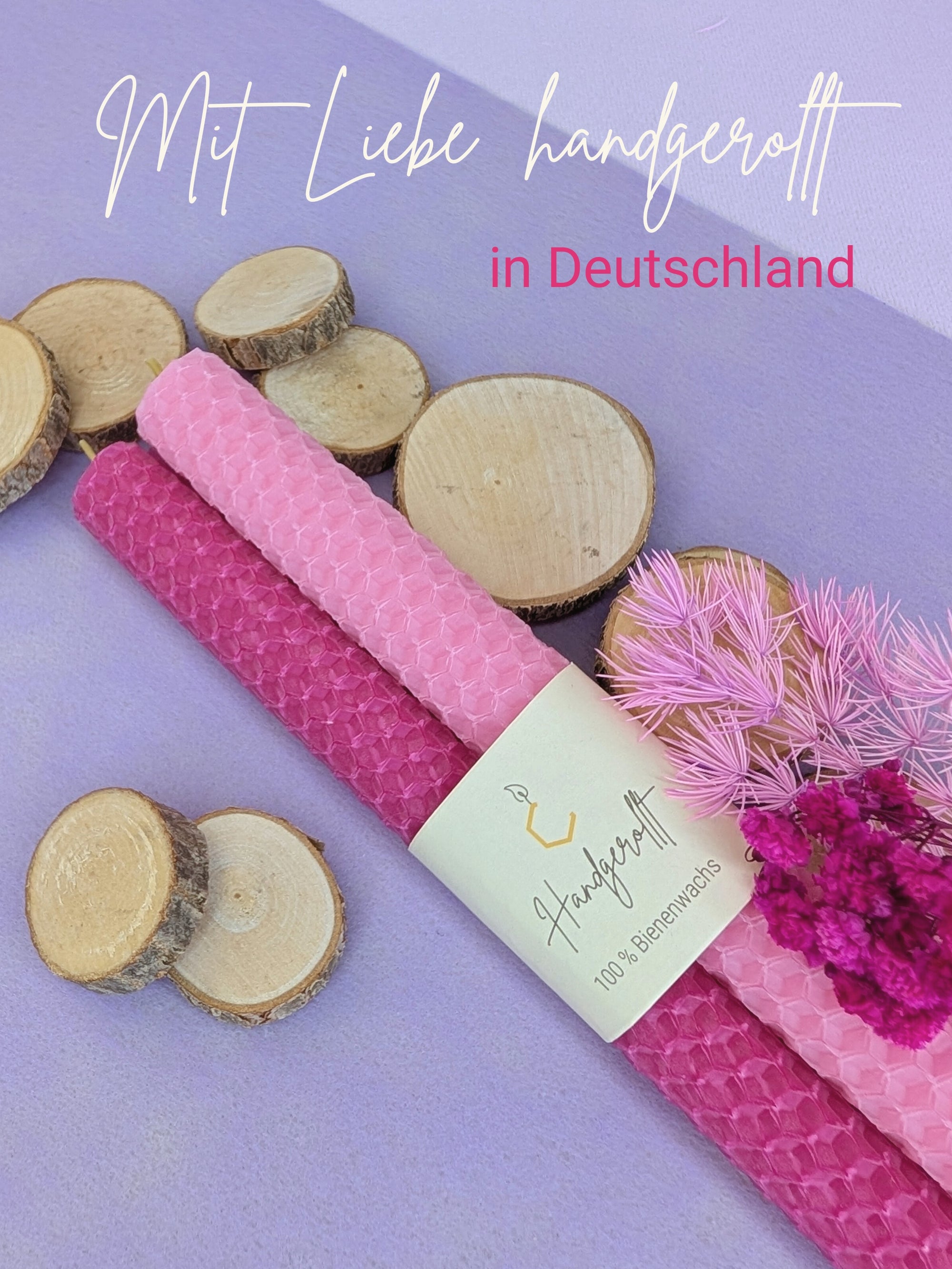 Bienenwachskerzen handgerollt, 2er Set Stabkerzen, 100 % Bienenwachs , Rosa | Pink