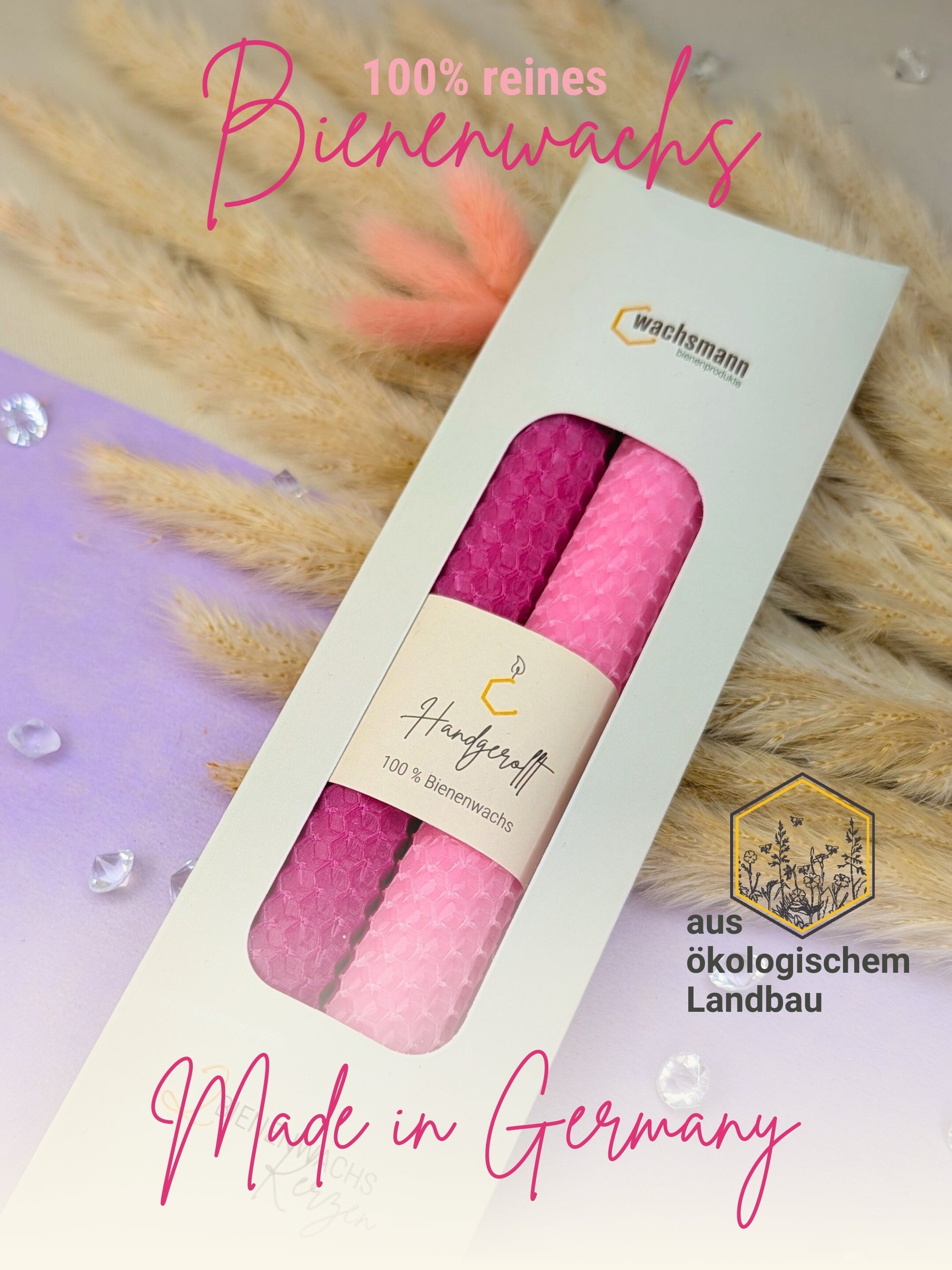 Bienenwachskerzen handgerollt, 2er Set Stabkerzen, 100 % Bienenwachs , Rosa | Pink