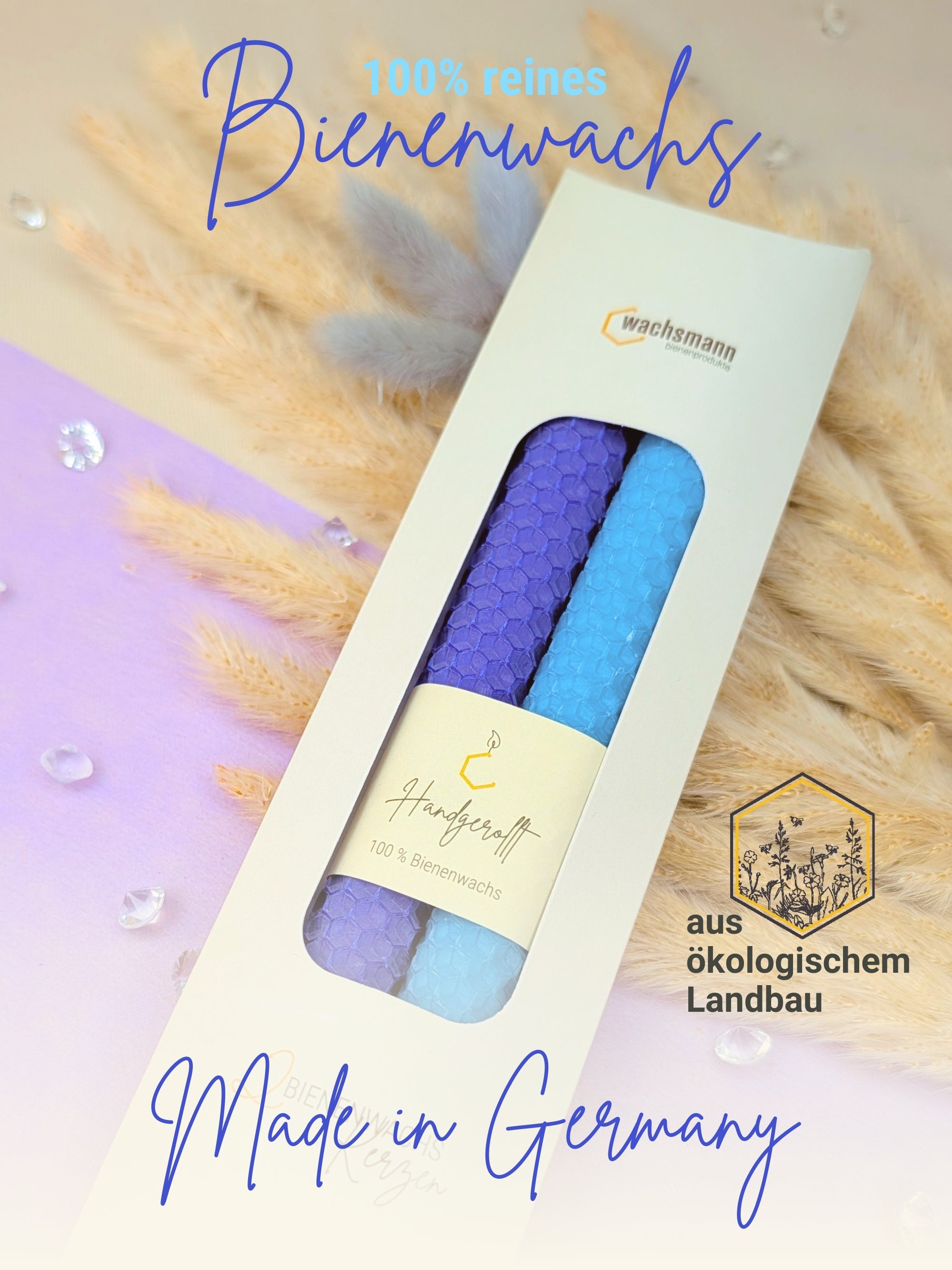 Bienenwachskerzen handgerollt, 2er Set Stabkerzen, 100 % Bienenwachs , Türkis | Indigo