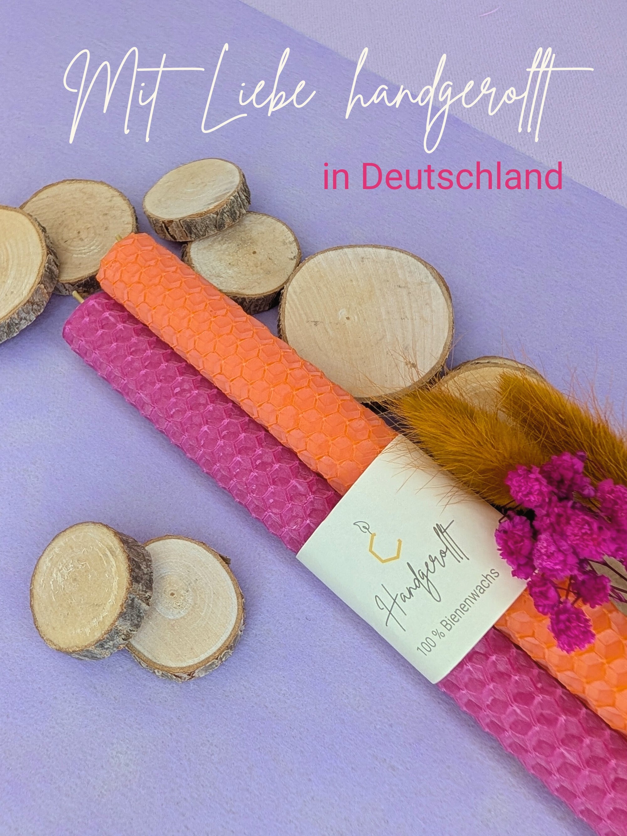 Bienenwachskerzen handgerollt, 2er Set Stabkerzen, 100 % Bienenwachs , Orange | Pink