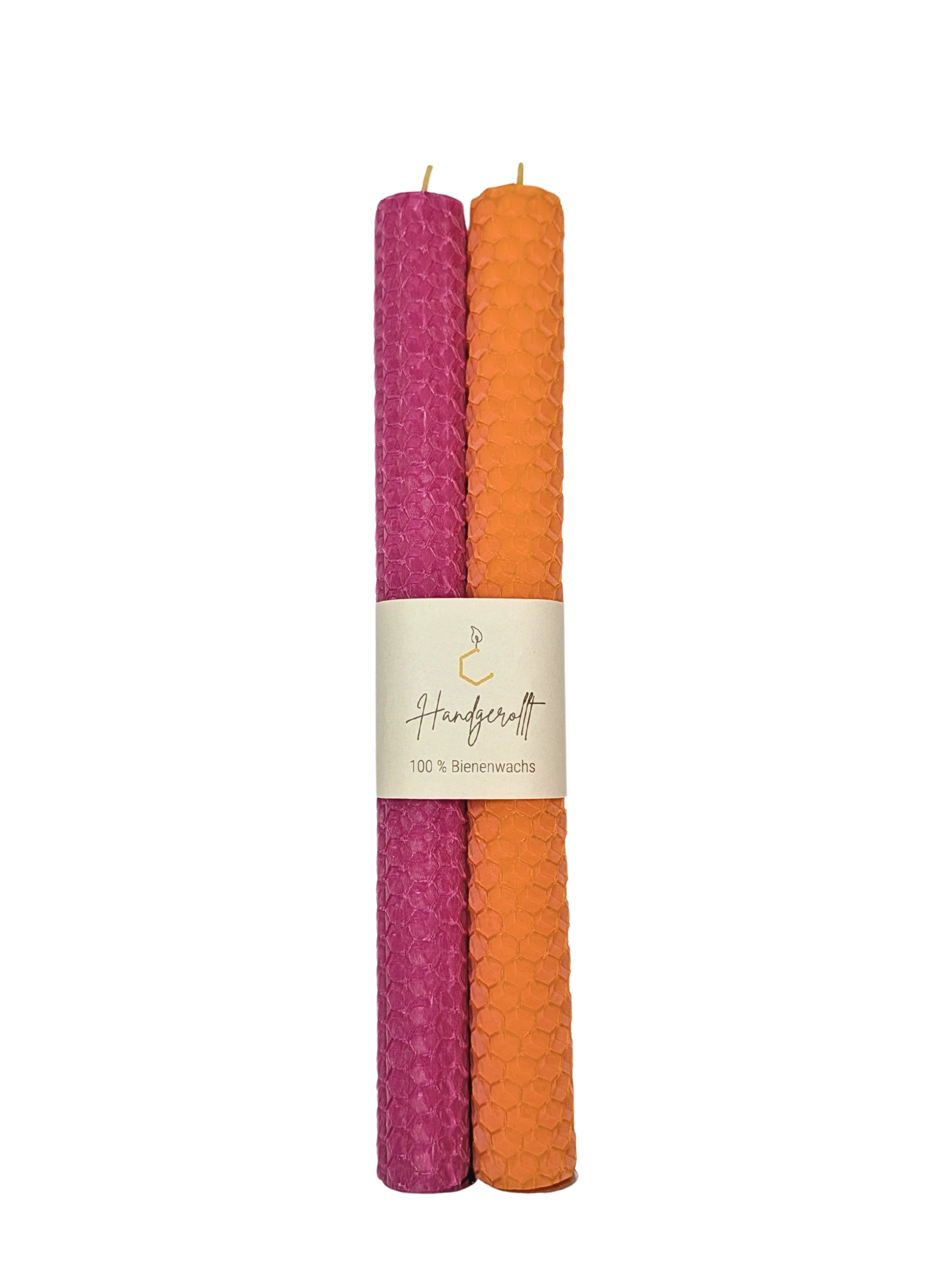 Bienenwachskerzen handgerollt, 2er Set Stabkerzen, 100 % Bienenwachs , Orange | Pink