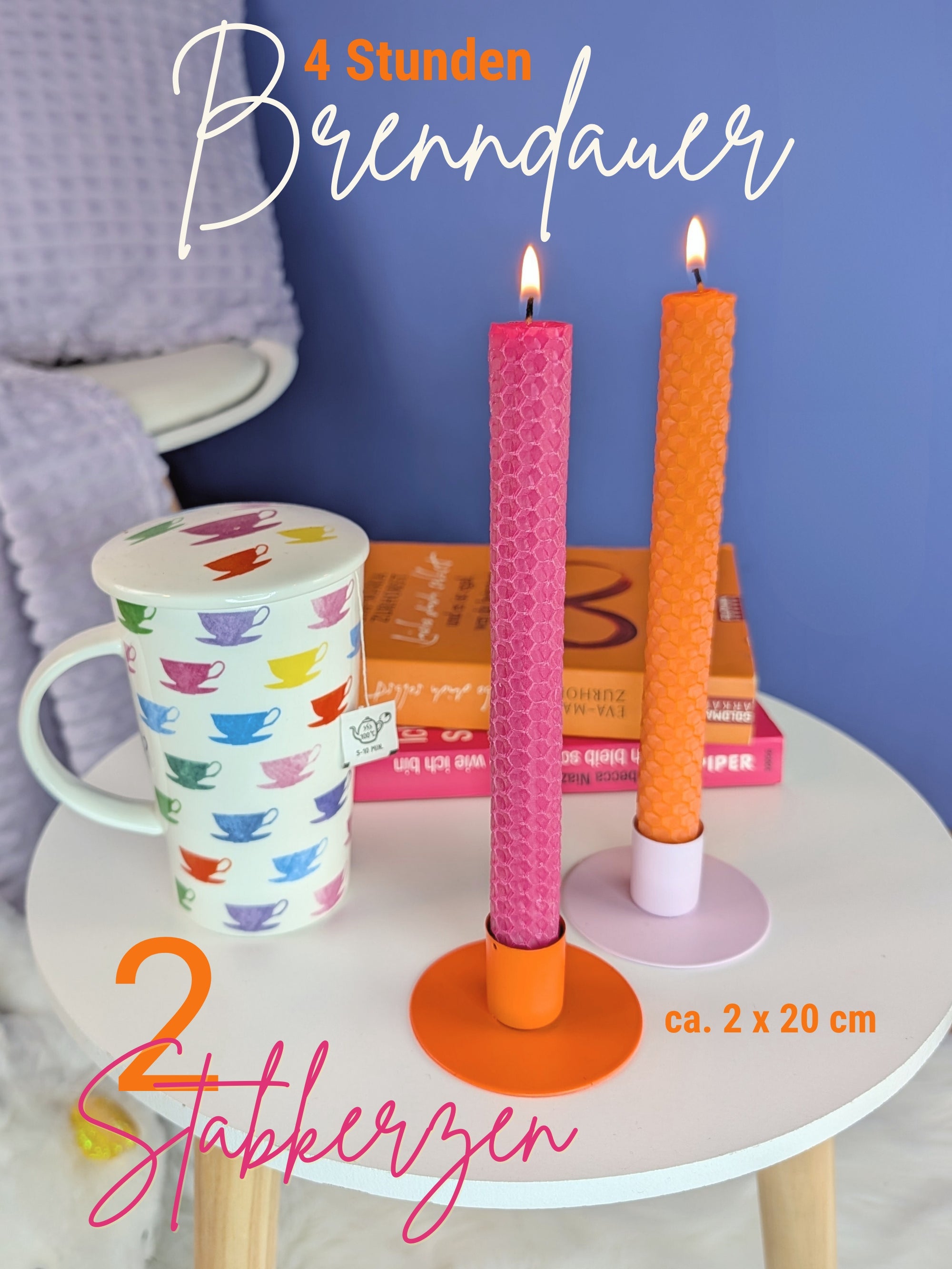 Bienenwachskerzen handgerollt, 2er Set Stabkerzen, 100 % Bienenwachs , Orange | Pink