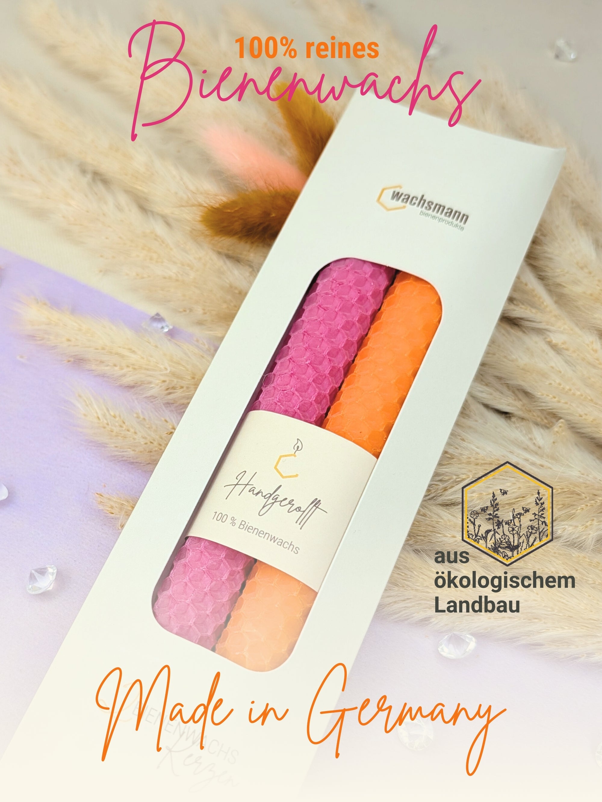 Bienenwachskerzen handgerollt, 2er Set Stabkerzen, 100 % Bienenwachs , Orange | Pink