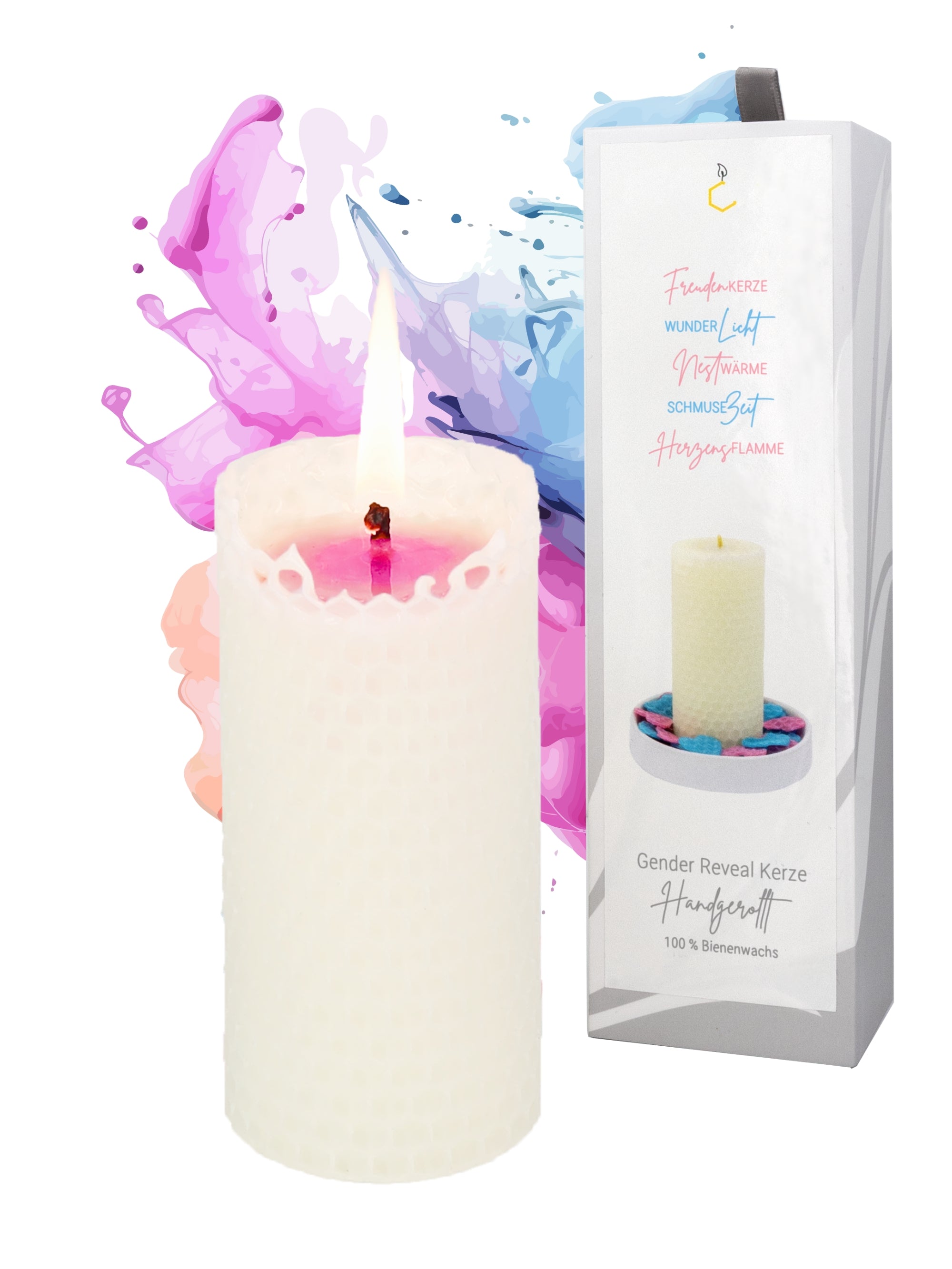 Gender Reveal Kerze - handgerollt aus 100% Bienenwachs aus Deutschland , Girl