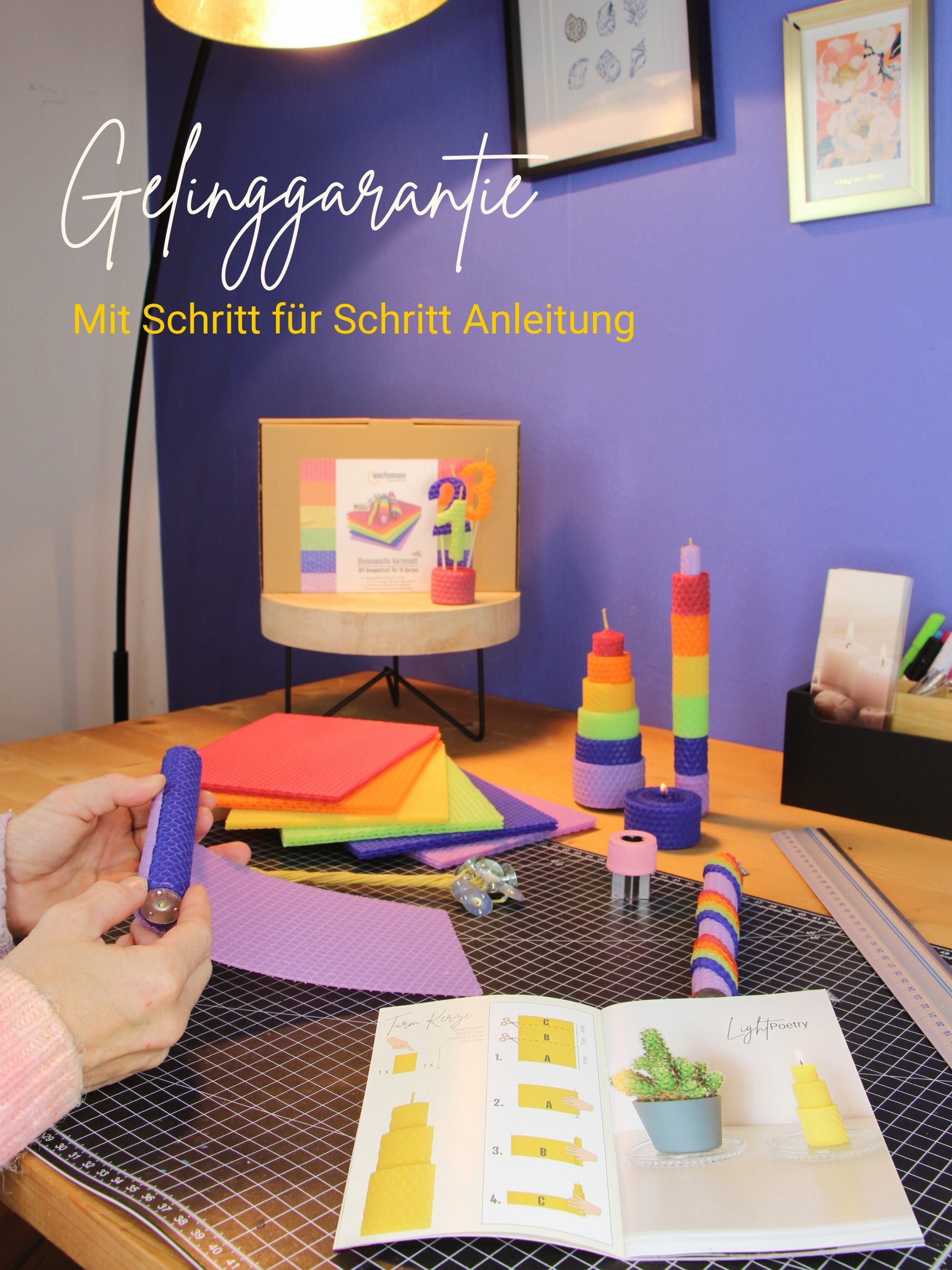 Kerzen Bastelset Rainbow – 18 farbige Bienenwachsplatten in Regenbogenfarben mit Hanfdochten ,