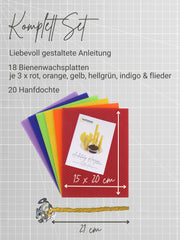 Kerzen Bastelset Rainbow – 18 farbige Bienenwachsplatten in Regenbogenfarben mit Hanfdochten ,