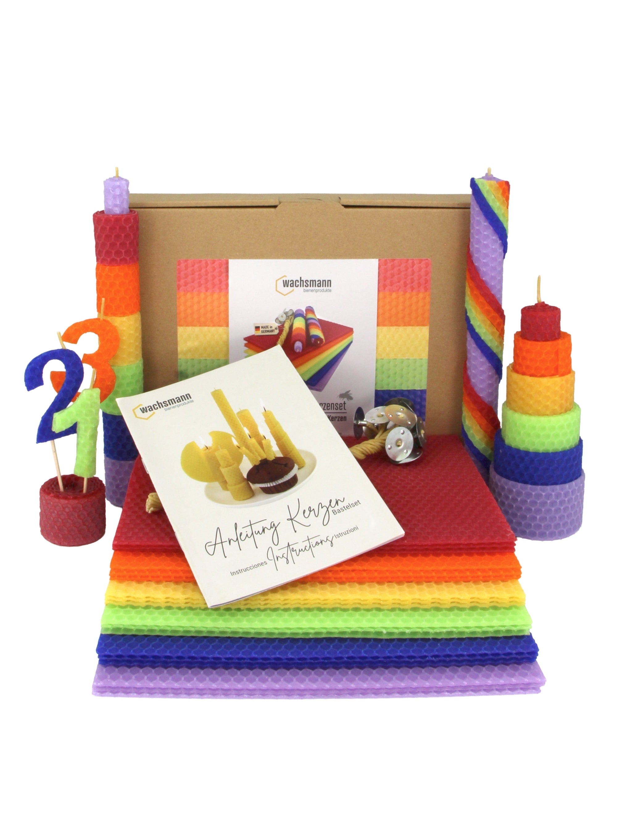 Kerzen Bastelset Rainbow – 18 farbige Bienenwachsplatten in Regenbogenfarben mit Hanfdochten ,