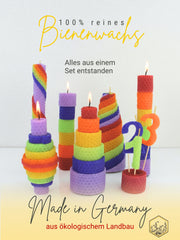 Kerzen Bastelset Rainbow – 18 farbige Bienenwachsplatten in Regenbogenfarben mit Hanfdochten ,