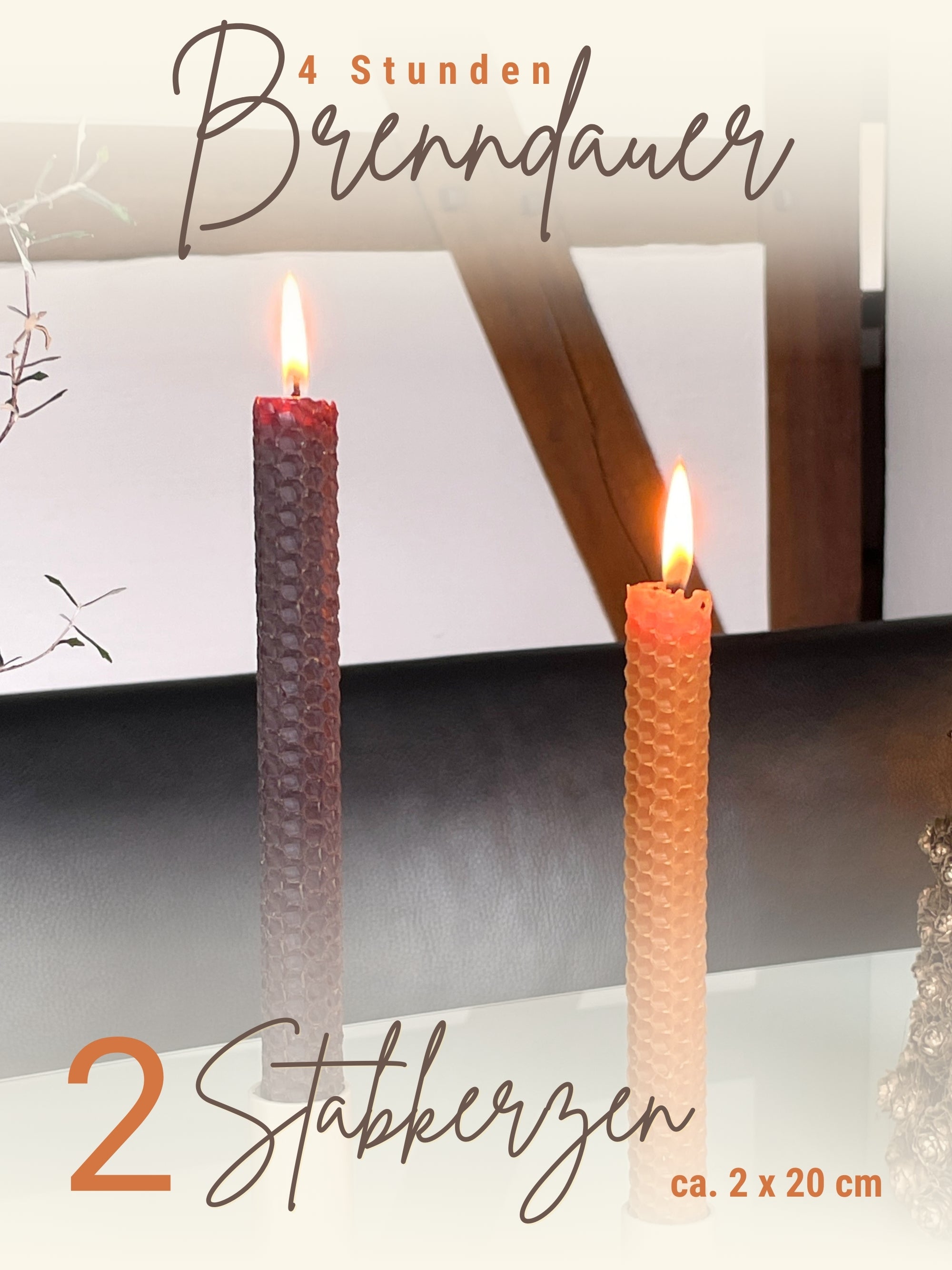 Bienenwachskerzen handgerollt, 2er Set Stabkerzen, 100 % Bienenwachs , Braun | Karamell