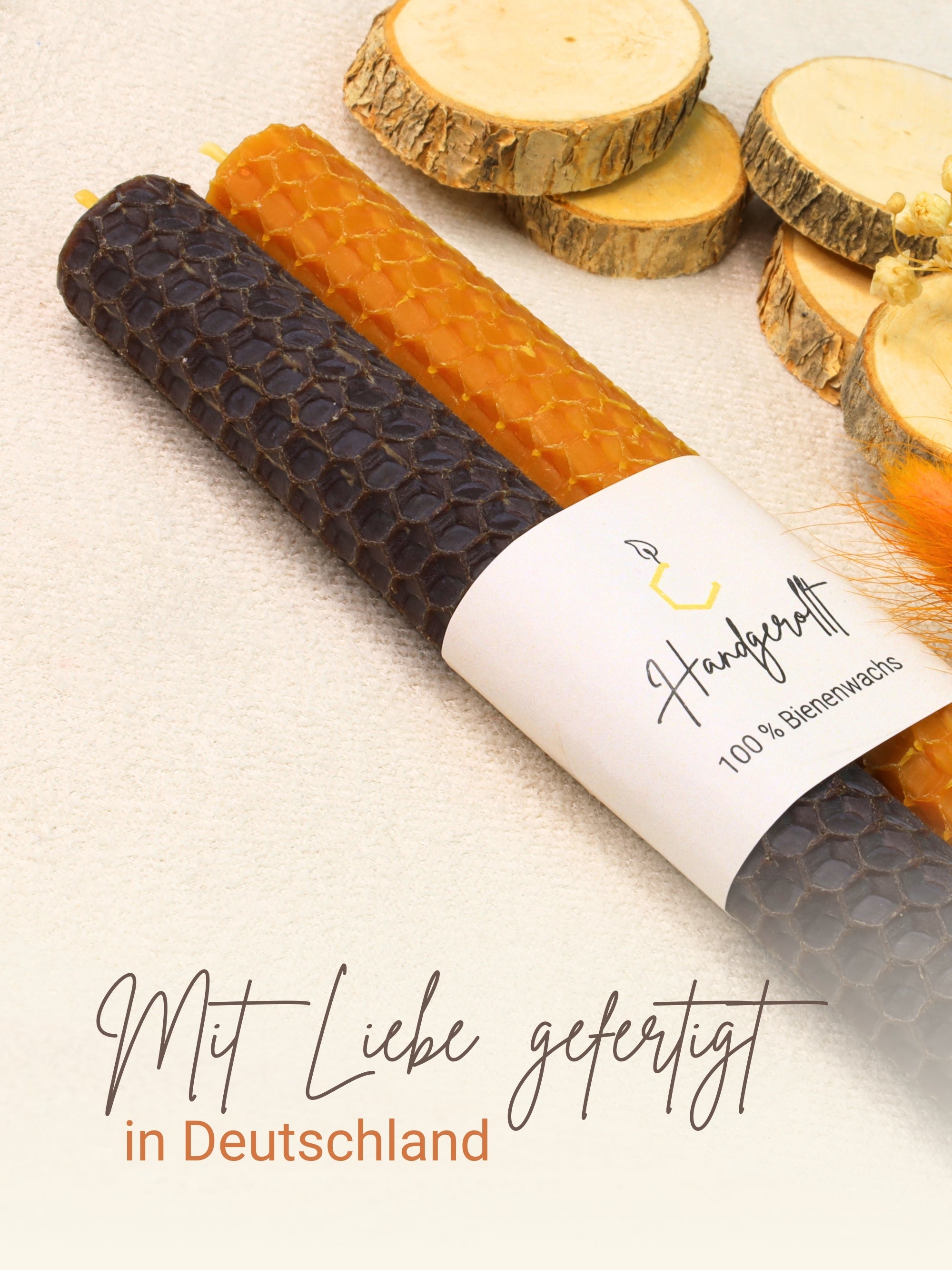 Bienenwachskerzen handgerollt, 2er Set Stabkerzen, 100 % Bienenwachs , Braun | Karamell