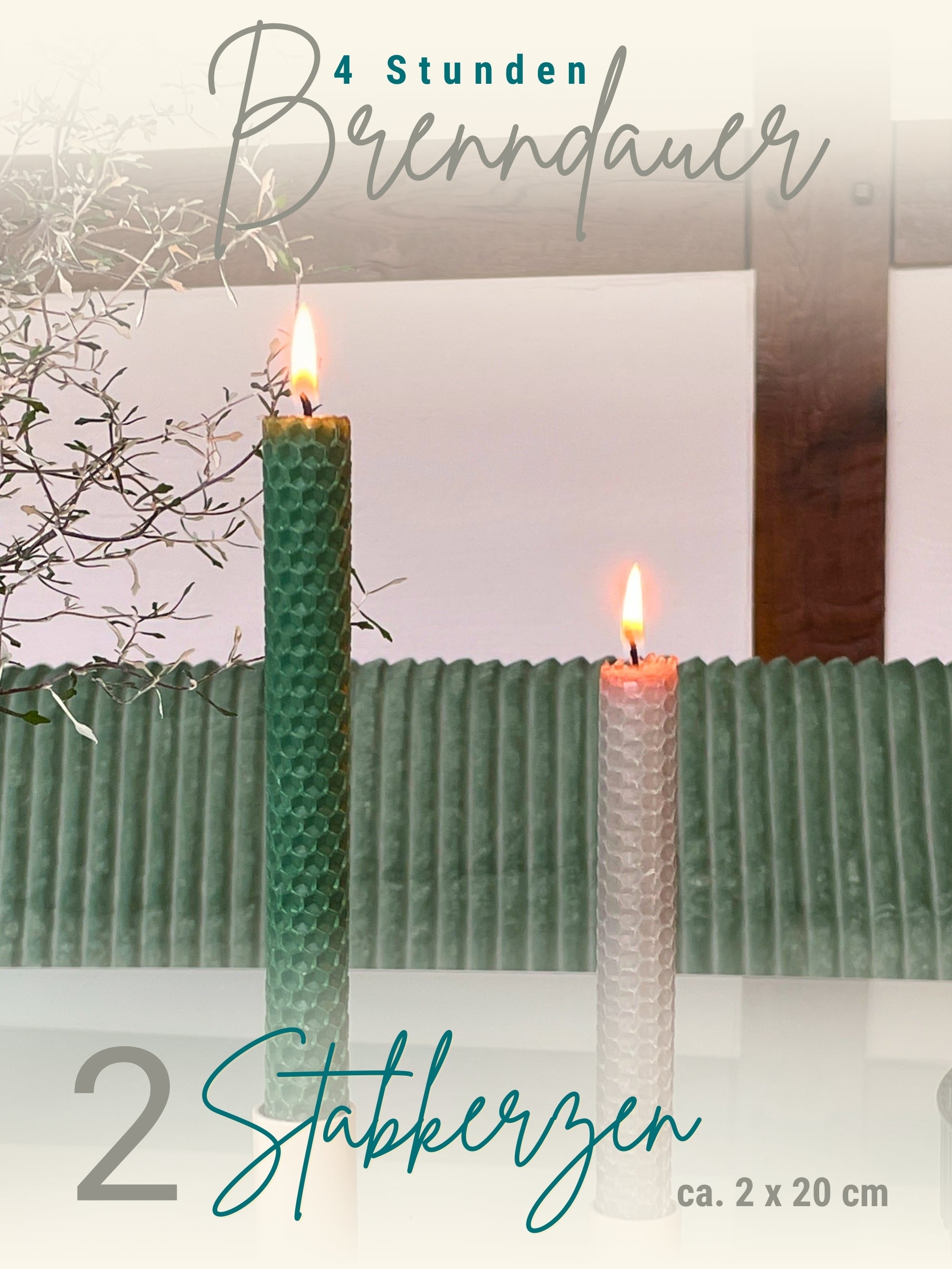 Bienenwachskerzen handgerollt, 2er Set Stabkerzen, 100 % Bienenwachs , Grau | Grün