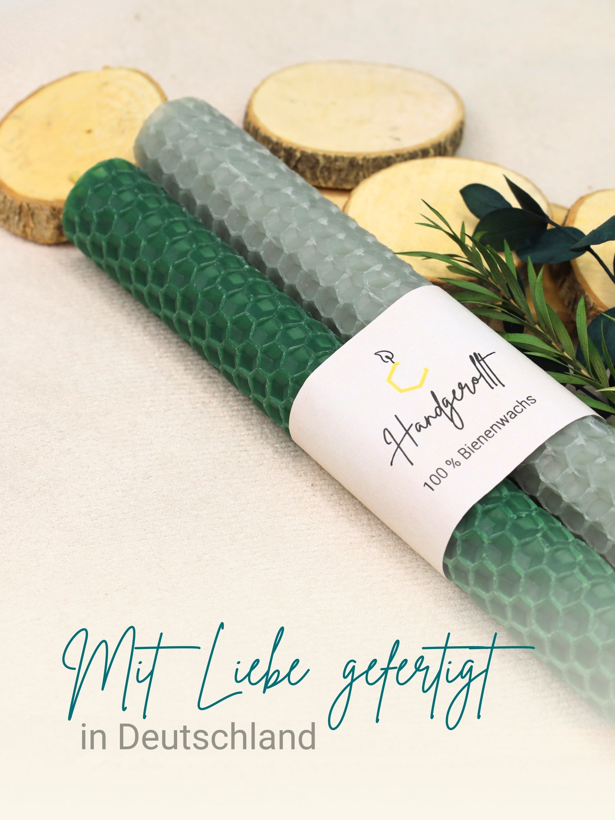 Bienenwachskerzen handgerollt, 2er Set Stabkerzen, 100 % Bienenwachs , Grau | Grün