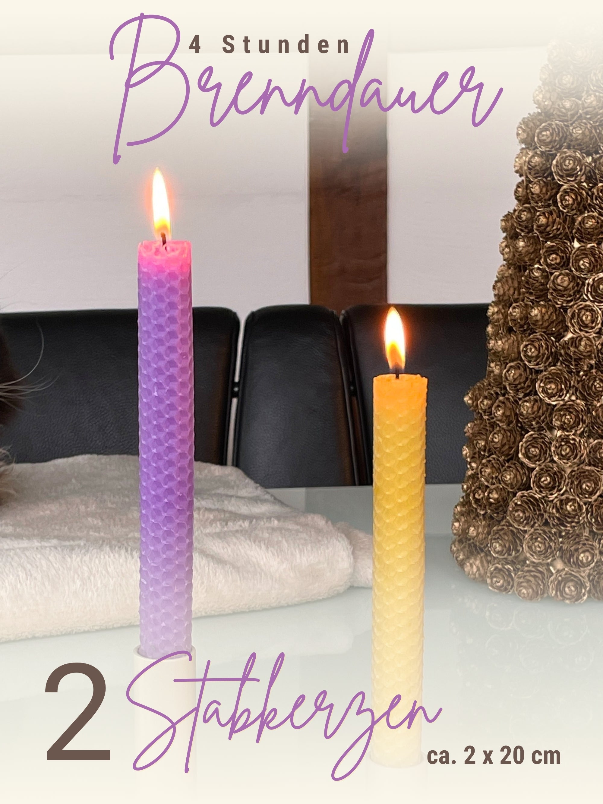 Bienenwachskerzen handgerollt, 2er Set Stabkerzen, 100 % Bienenwachs , Gelb | Lila