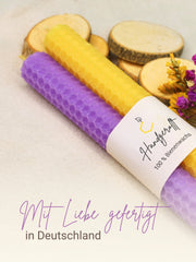 Bienenwachskerzen handgerollt, 2er Set Stabkerzen, 100 % Bienenwachs , Gelb | Lila