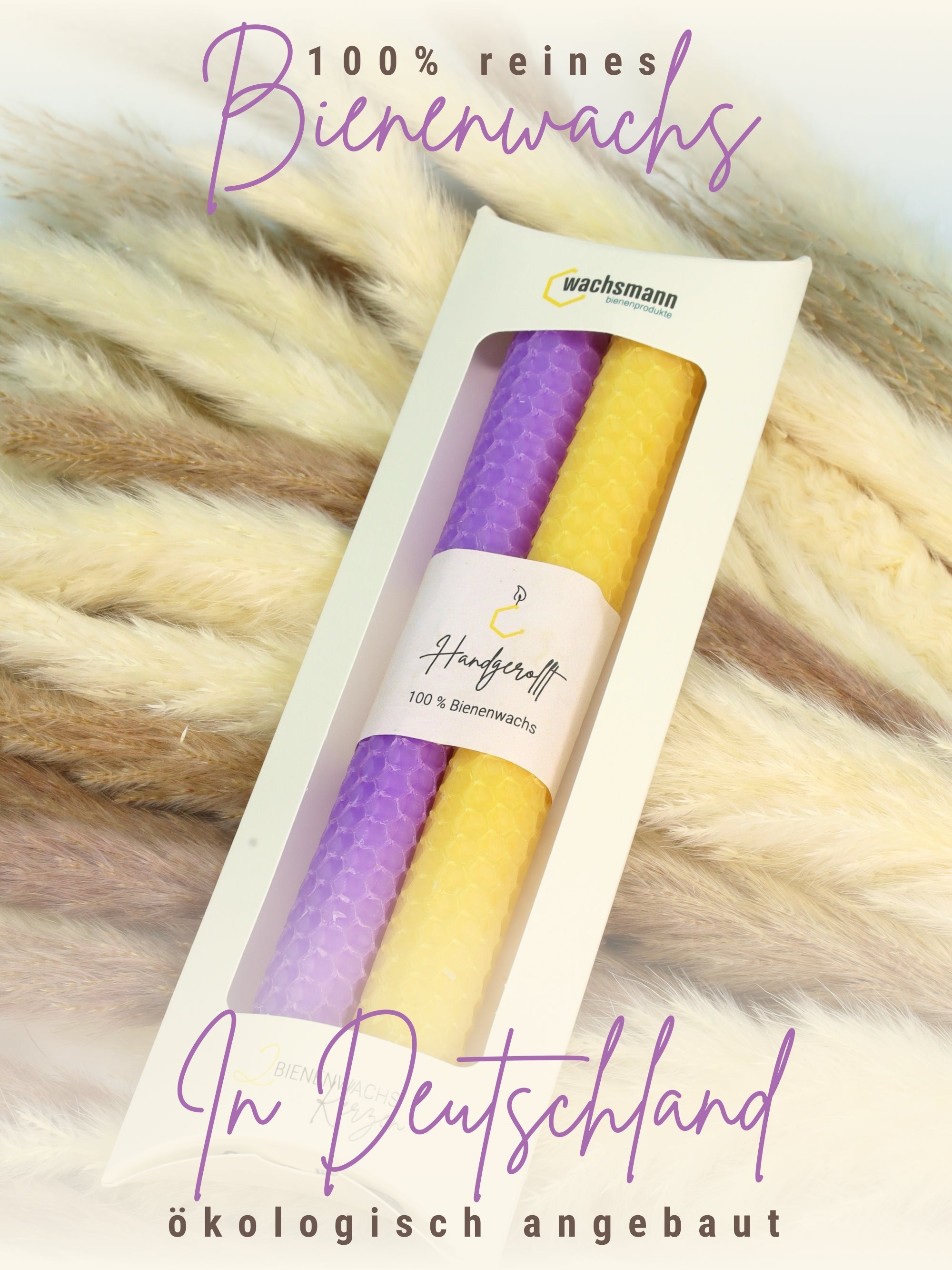 Bienenwachskerzen handgerollt, 2er Set Stabkerzen, 100 % Bienenwachs , Gelb | Lila