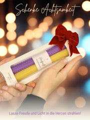 Bienenwachskerzen handgerollt, 2er Set Stabkerzen, 100 % Bienenwachs , Gelb | Lila