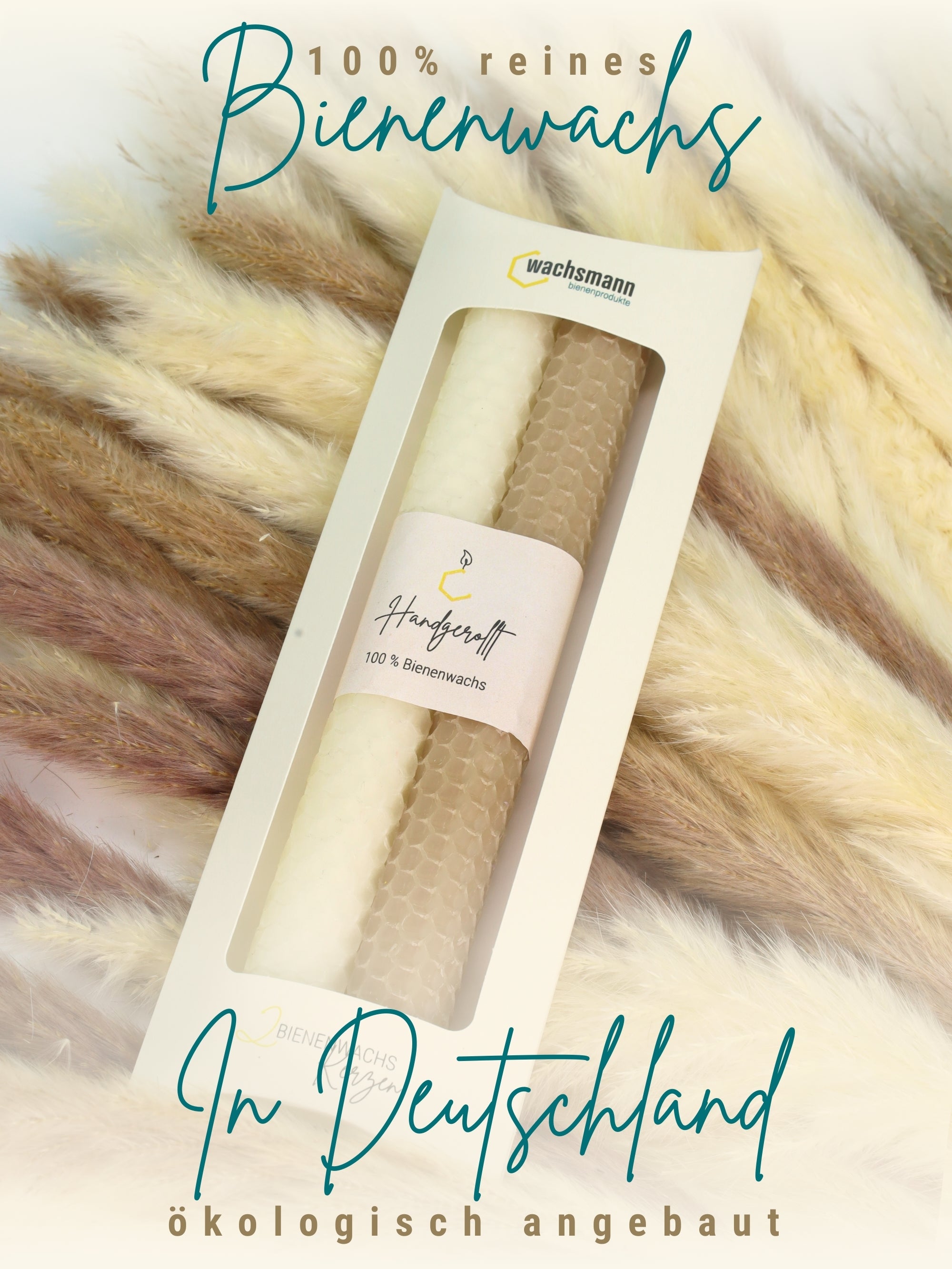 Bienenwachskerzen handgerollt, 2er Set Stabkerzen, 100 % Bienenwachs , Weiß | Beige