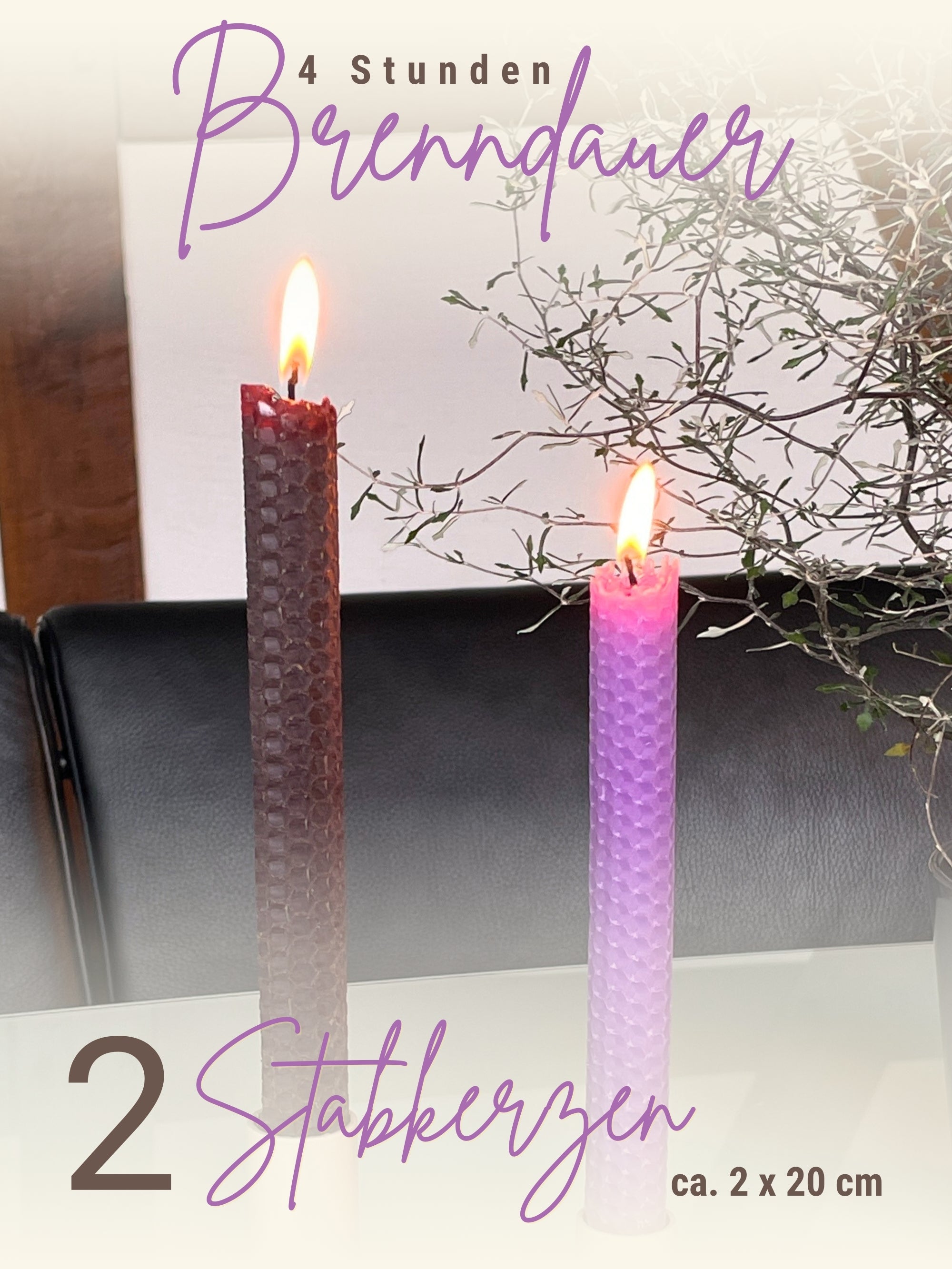 Bienenwachskerzen handgerollt, 2er Set Stabkerzen, 100 % Bienenwachs , Lila | Braun