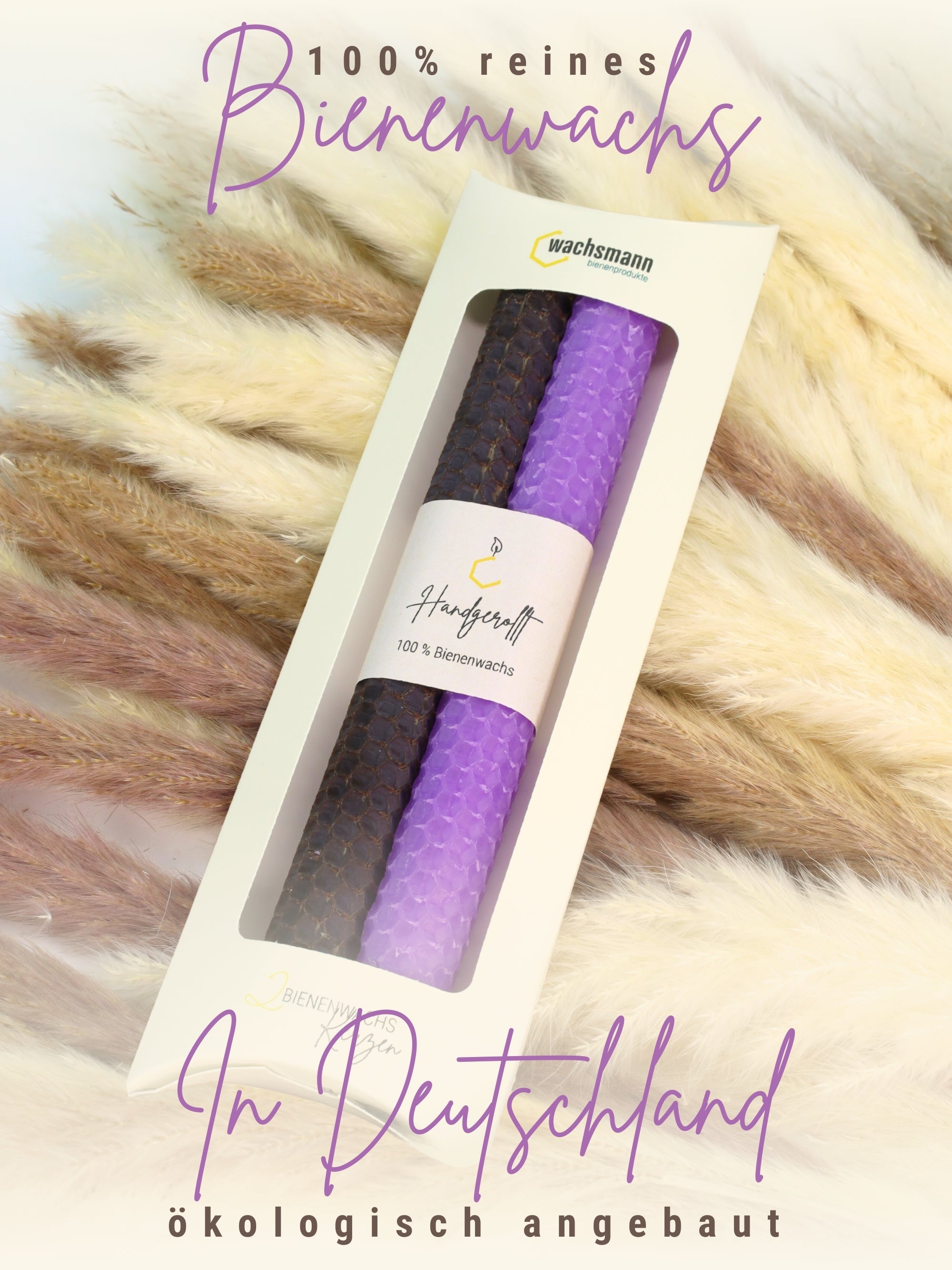 Bienenwachskerzen handgerollt, 2er Set Stabkerzen, 100 % Bienenwachs , Lila | Braun