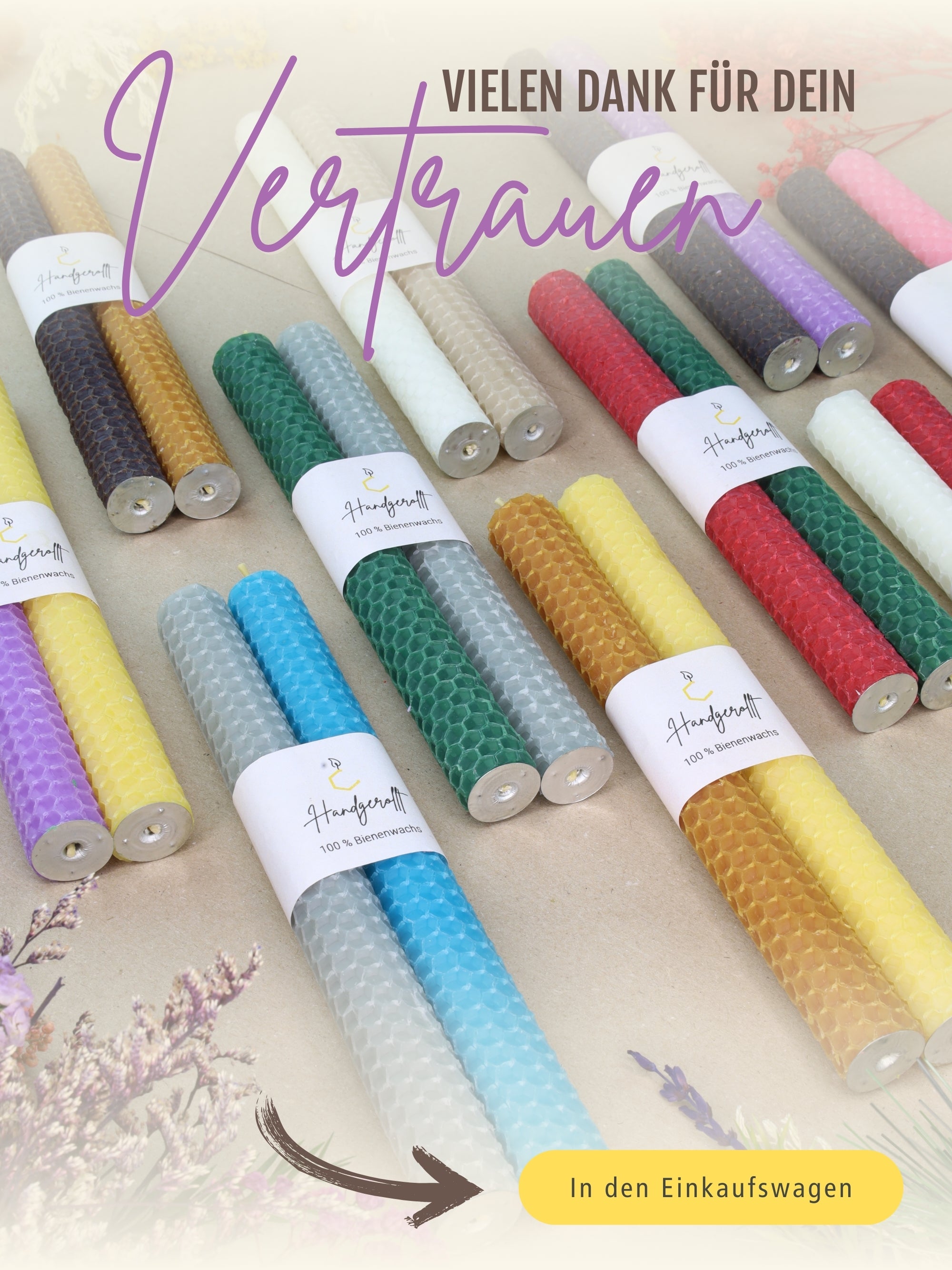 Bienenwachskerzen handgerollt, 2er Set Stabkerzen, 100 % Bienenwachs , Lila | Braun