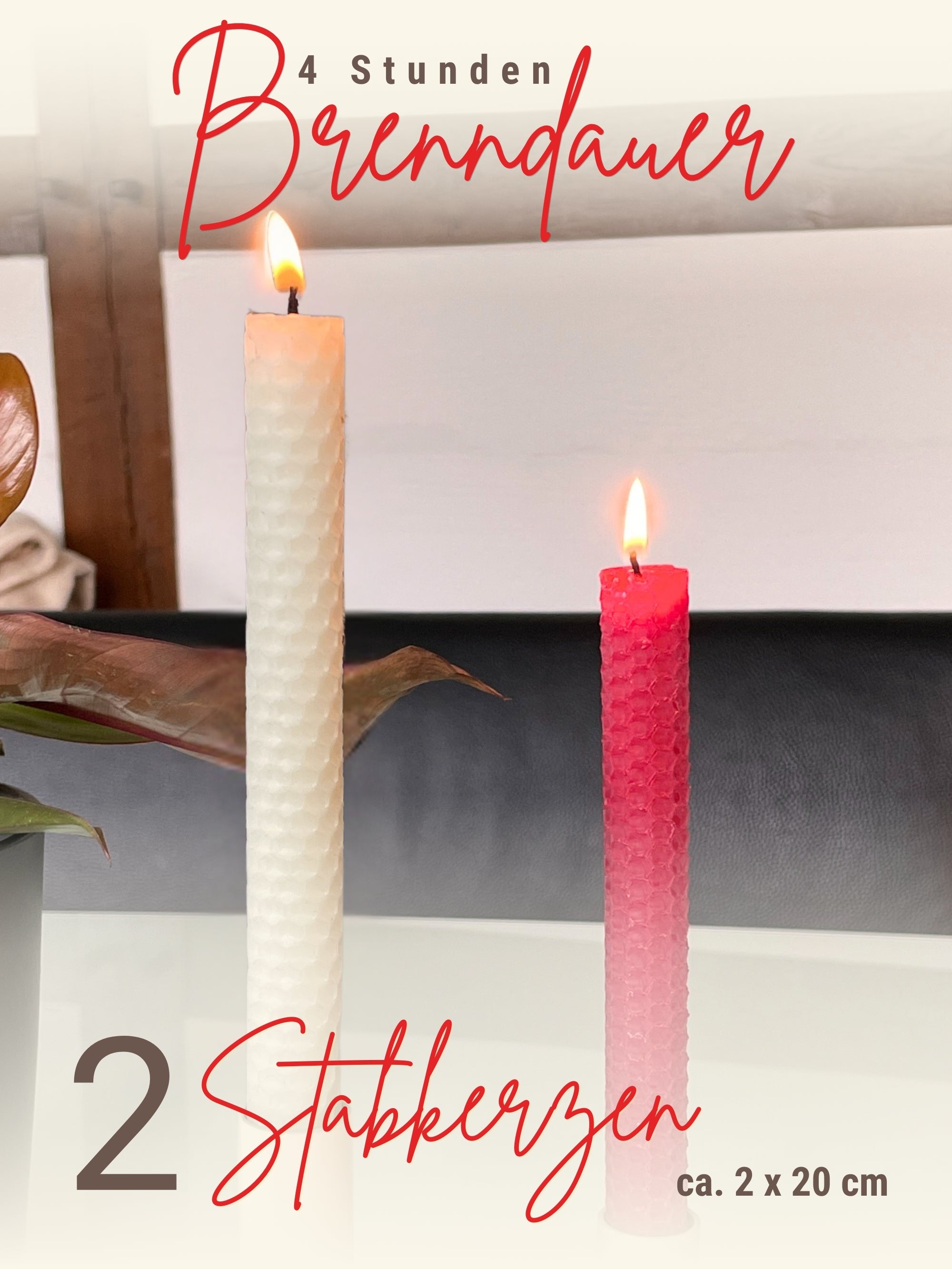 Bienenwachskerzen handgerollt, 2er Set Stabkerzen, 100 % Bienenwachs , Weiß | Rot