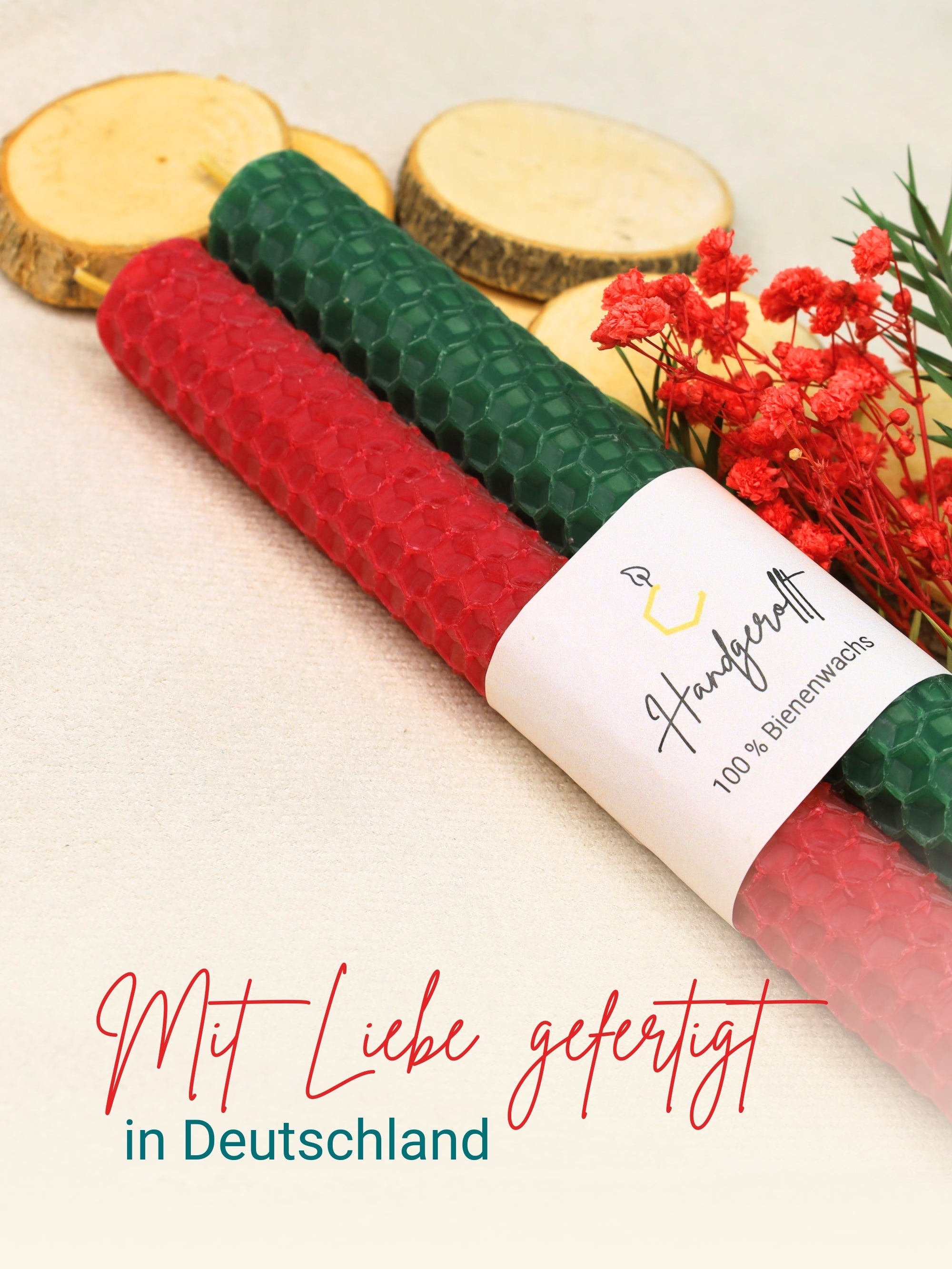 Bienenwachskerzen handgerollt, 2er Set Stabkerzen, 100 % Bienenwachs , Rot | Grün