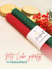 Bienenwachskerzen handgerollt, 2er Set Stabkerzen, 100 % Bienenwachs , Rot | Grün