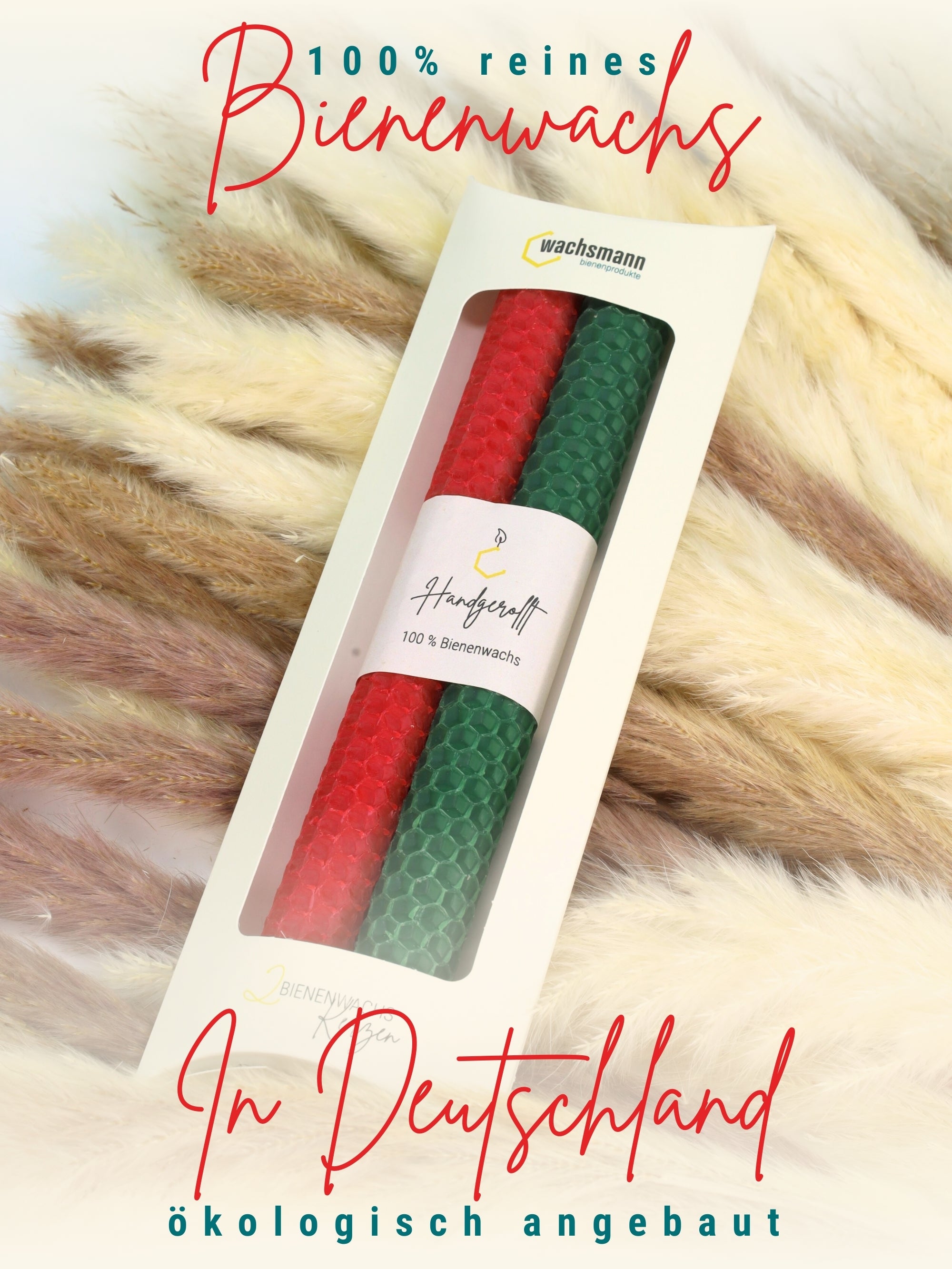 Bienenwachskerzen handgerollt, 2er Set Stabkerzen, 100 % Bienenwachs , Rot | Grün