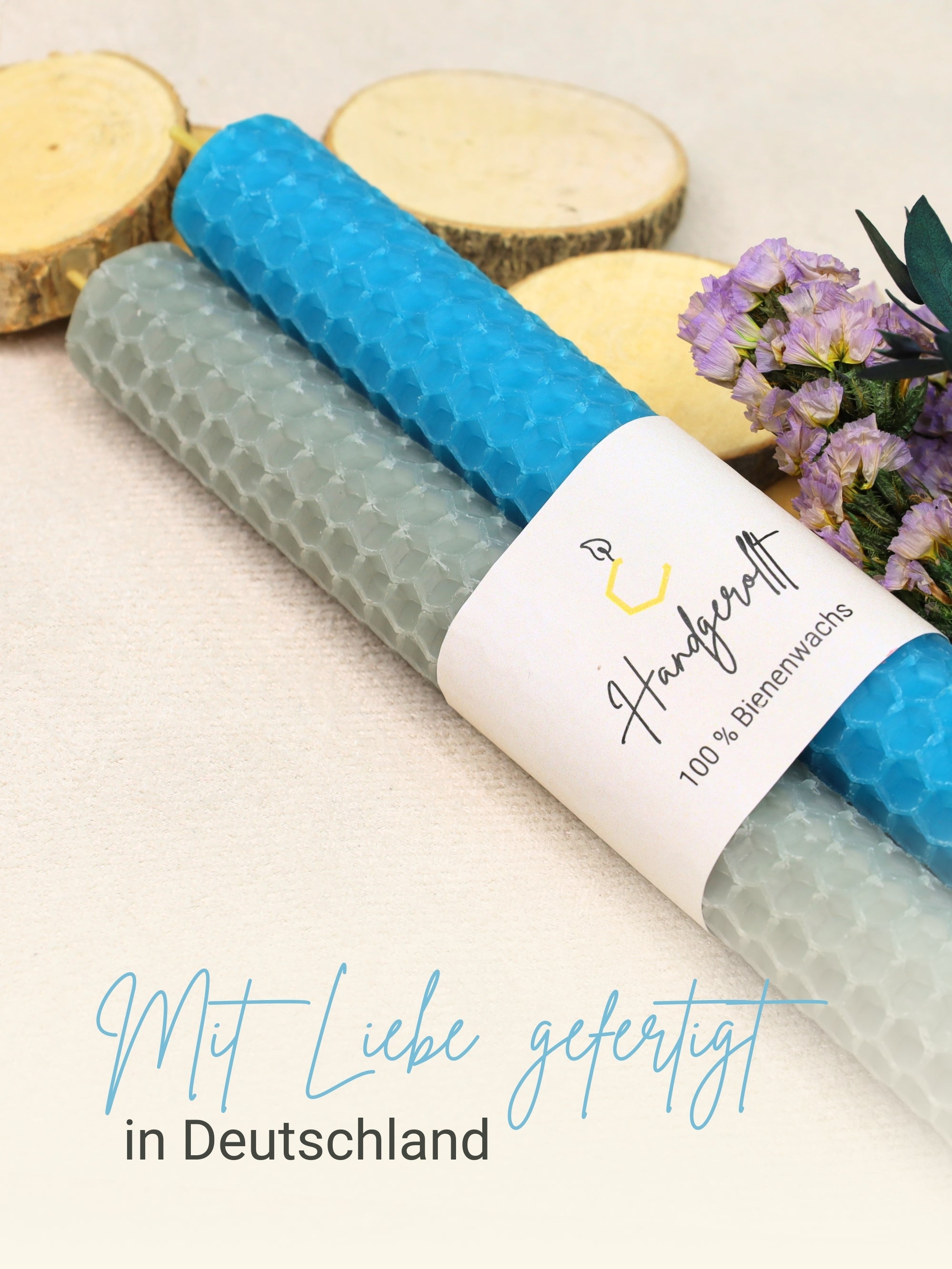 Bienenwachskerzen handgerollt, 2er Set Stabkerzen, 100 % Bienenwachs , Blau | Grau