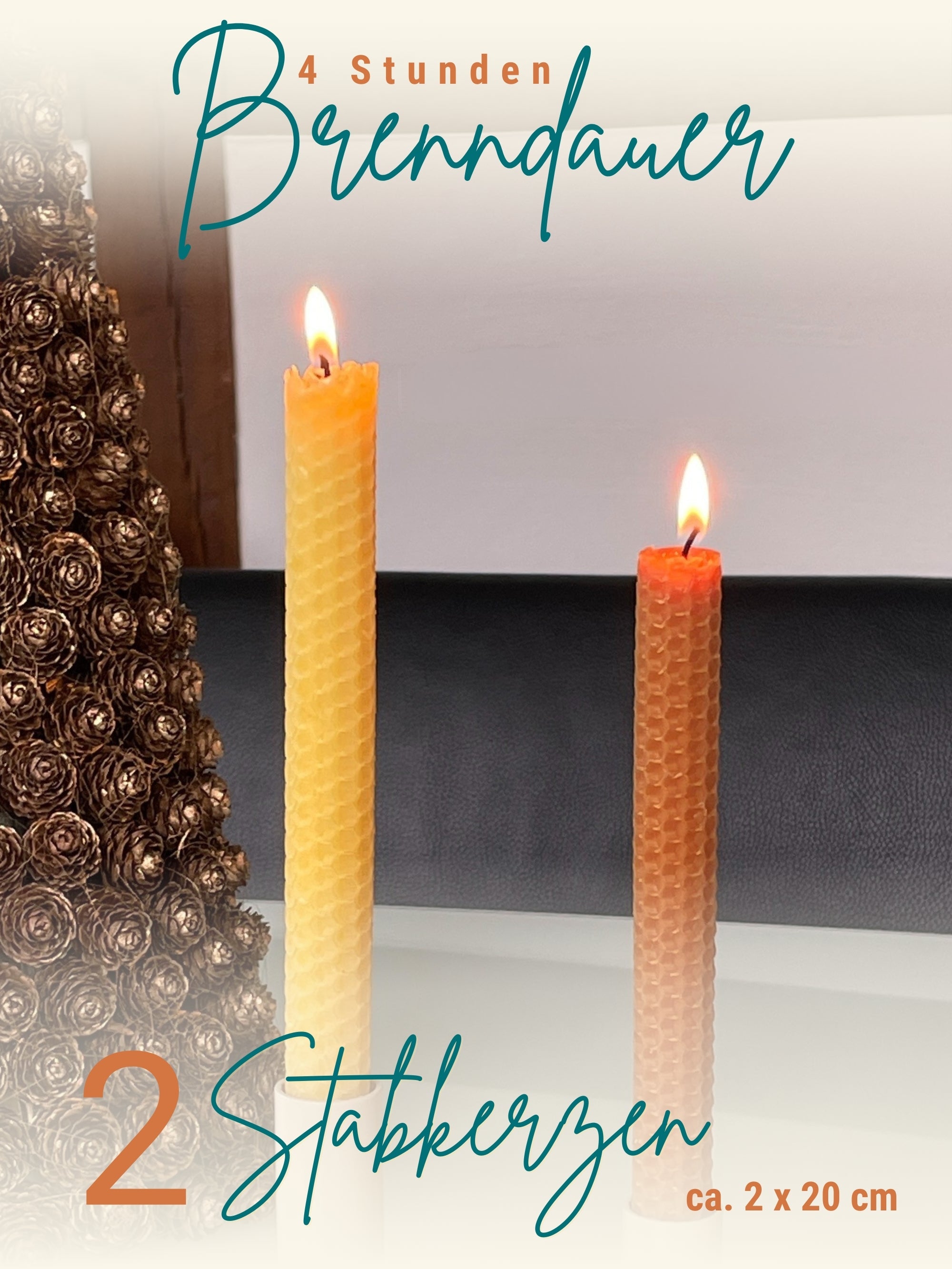 Bienenwachskerzen handgerollt, 2er Set Stabkerzen, 100 % Bienenwachs , Gelb | Karamell