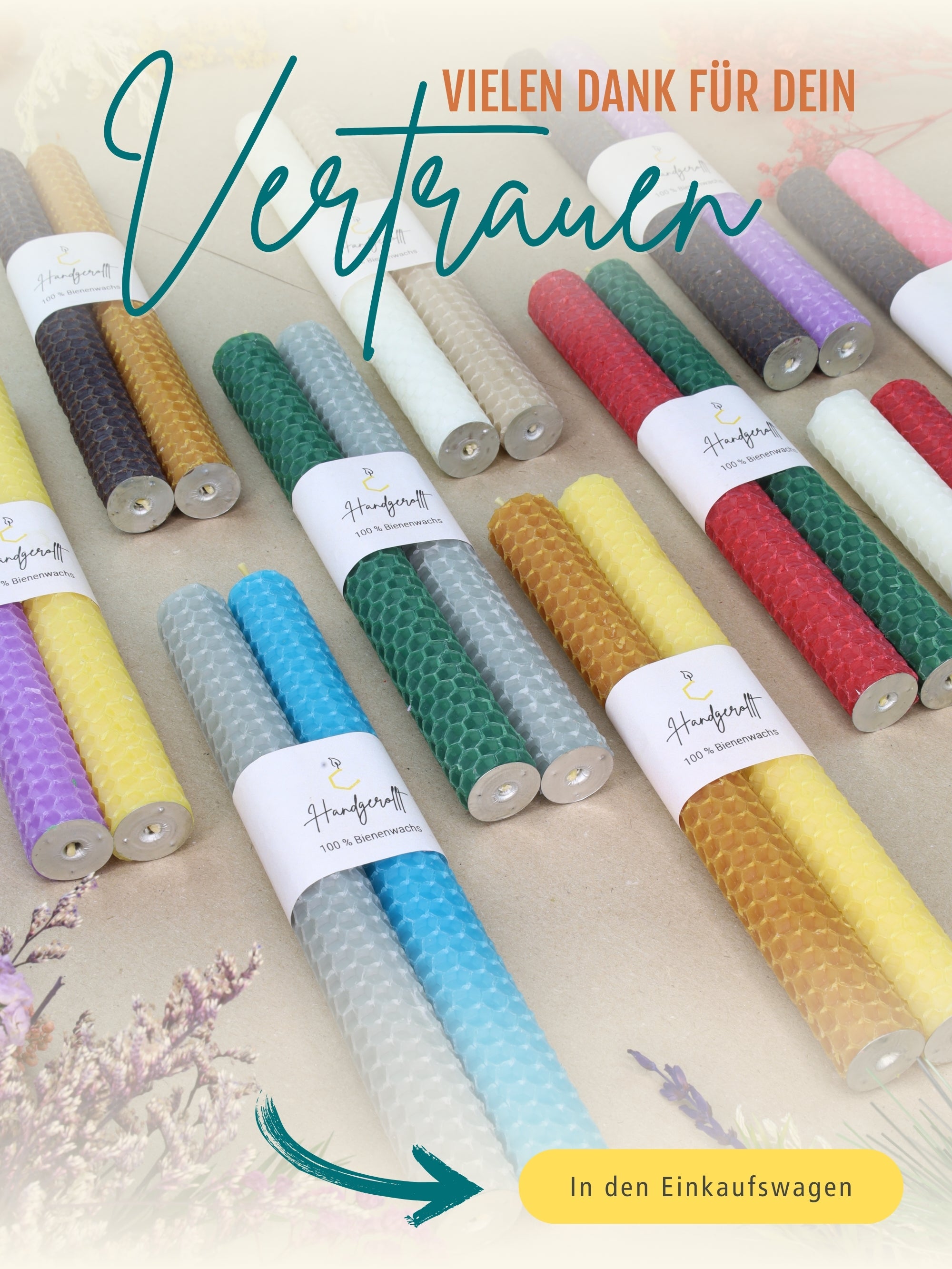 Bienenwachskerzen handgerollt, 2er Set Stabkerzen, 100 % Bienenwachs , Gelb | Karamell