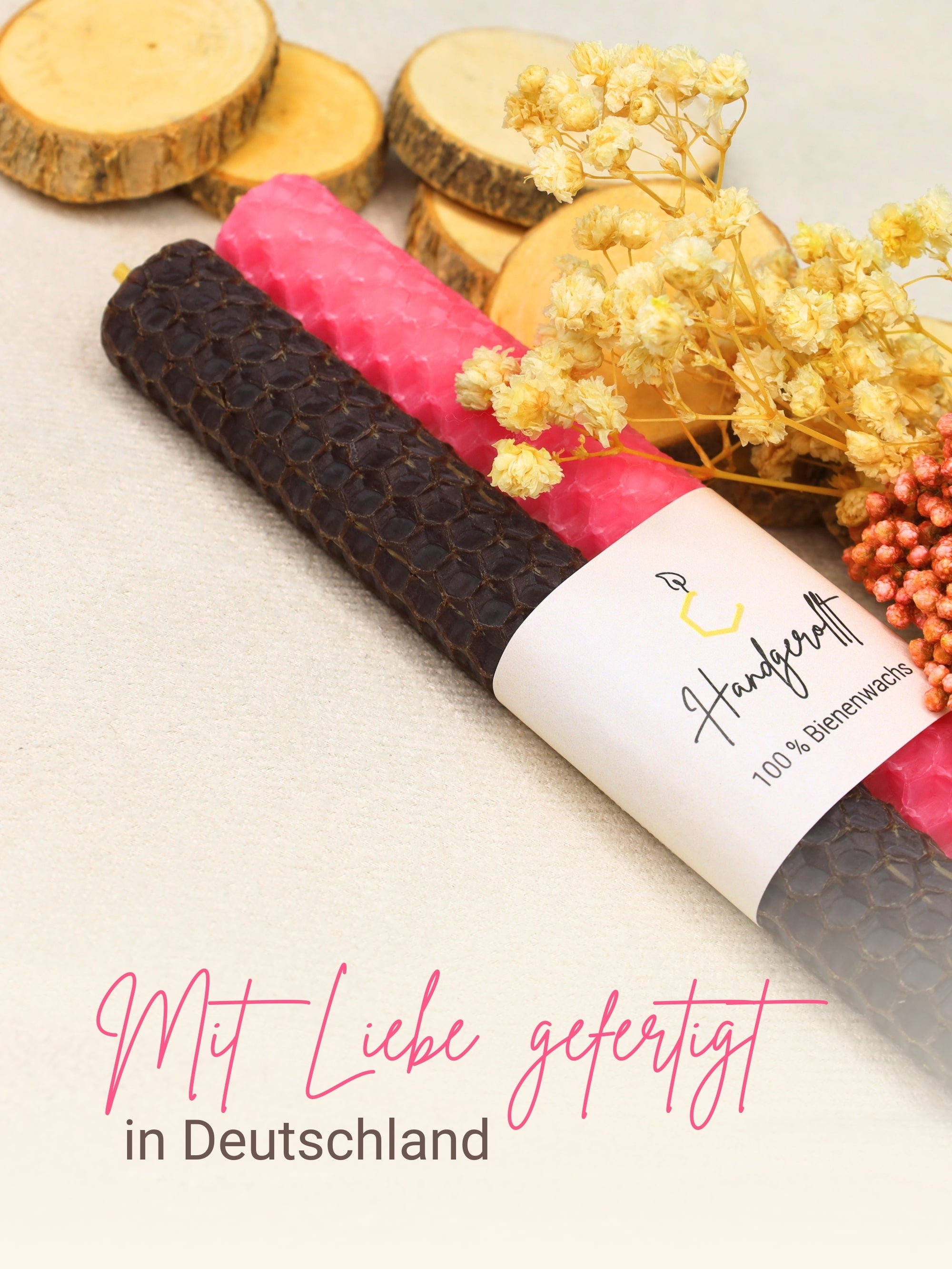 Bienenwachskerzen handgerollt, 2er Set Stabkerzen, 100 % Bienenwachs , Rosa | Braun