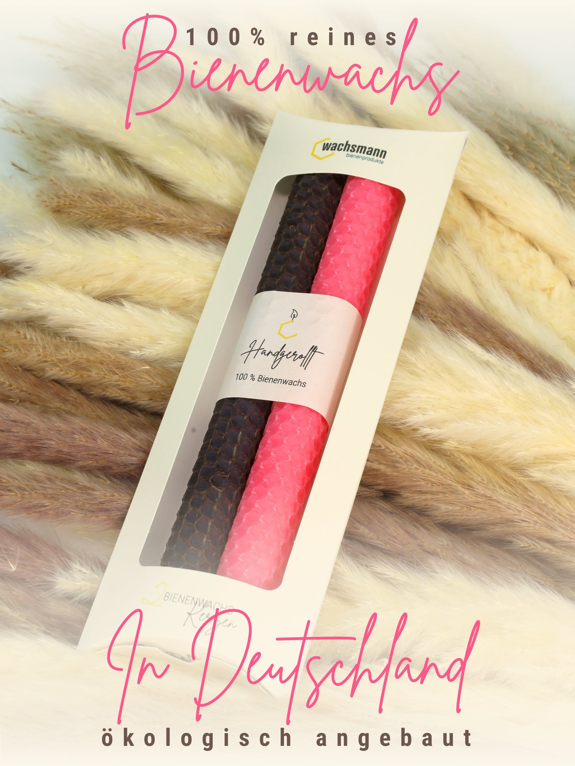 Bienenwachskerzen handgerollt, 2er Set Stabkerzen, 100 % Bienenwachs , Rosa | Braun