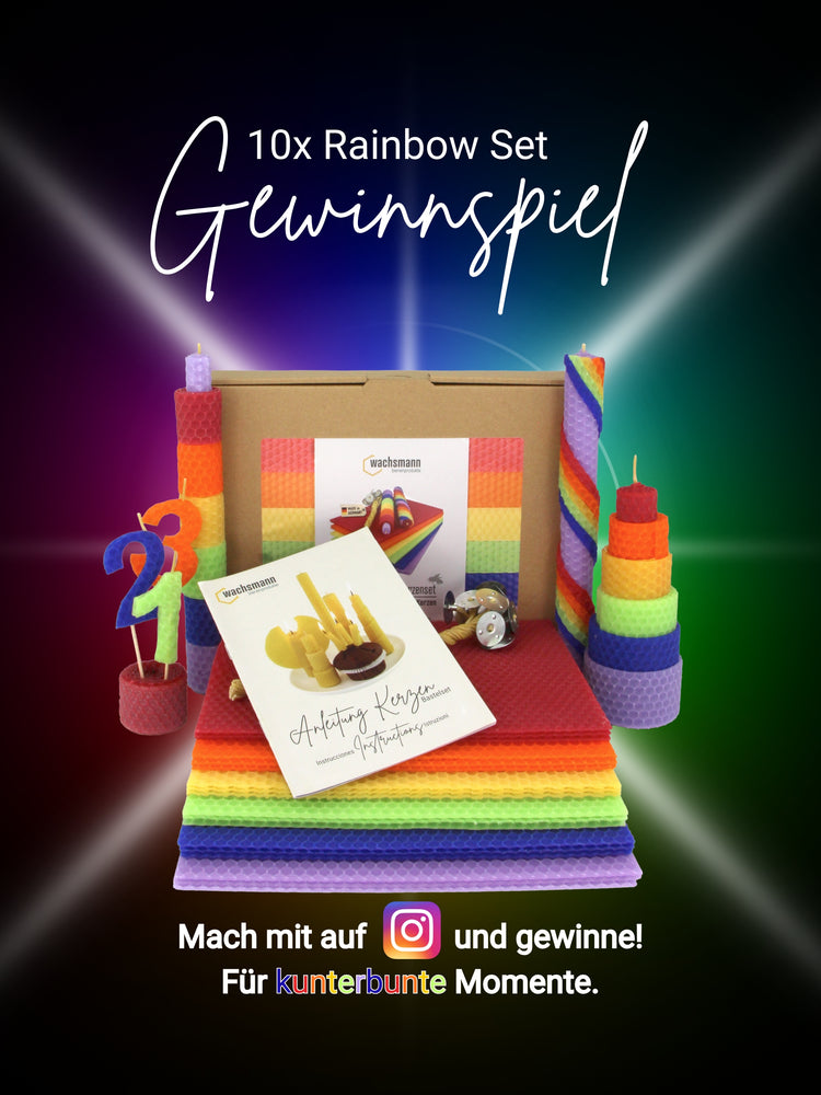 Gewinnspiel Rainbow Bastelset mit 18 Wachsplatten aus 100% Bienenwachs zum Kerzen rollen mit Dochten und Anleitung in Regenbogenfarben